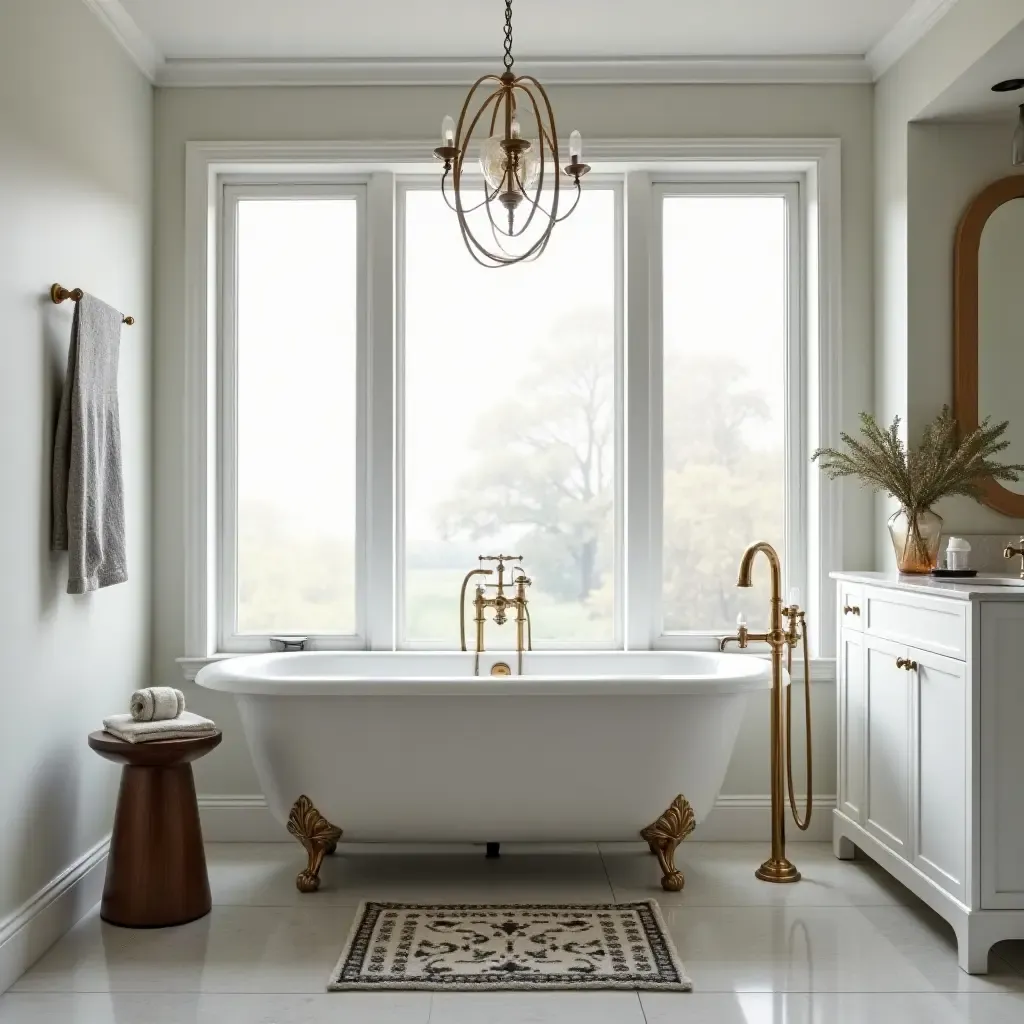 a photo of a modern bathroom with vintage brass faucets and a clawfoot tub