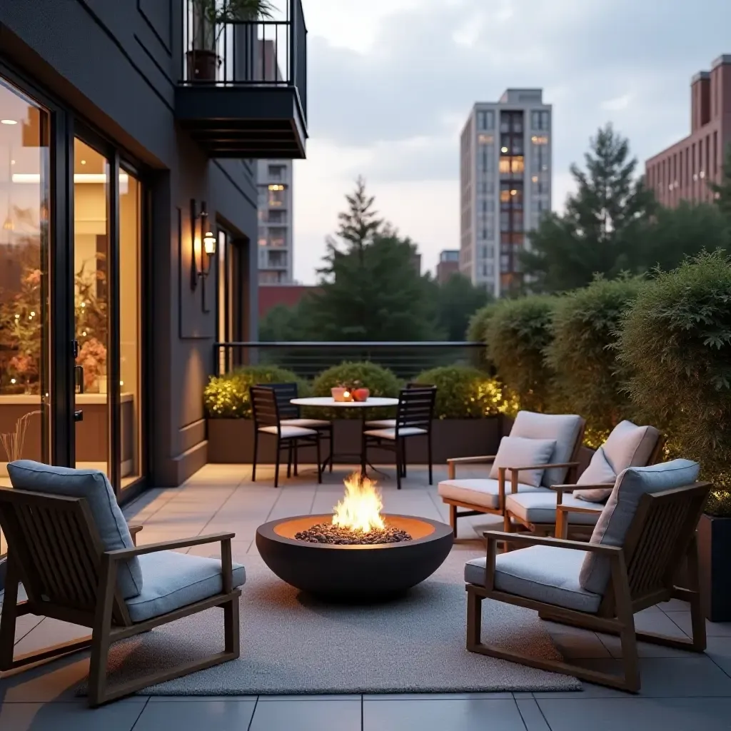 a photo of a chic balcony with a small fire pit and lounge chairs