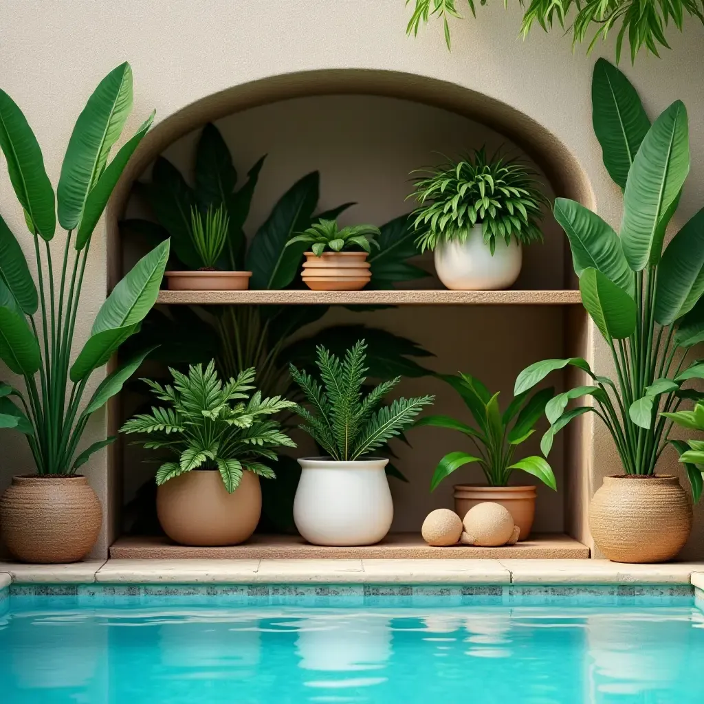 a photo of a tropical-themed poolside shelf with exotic plants