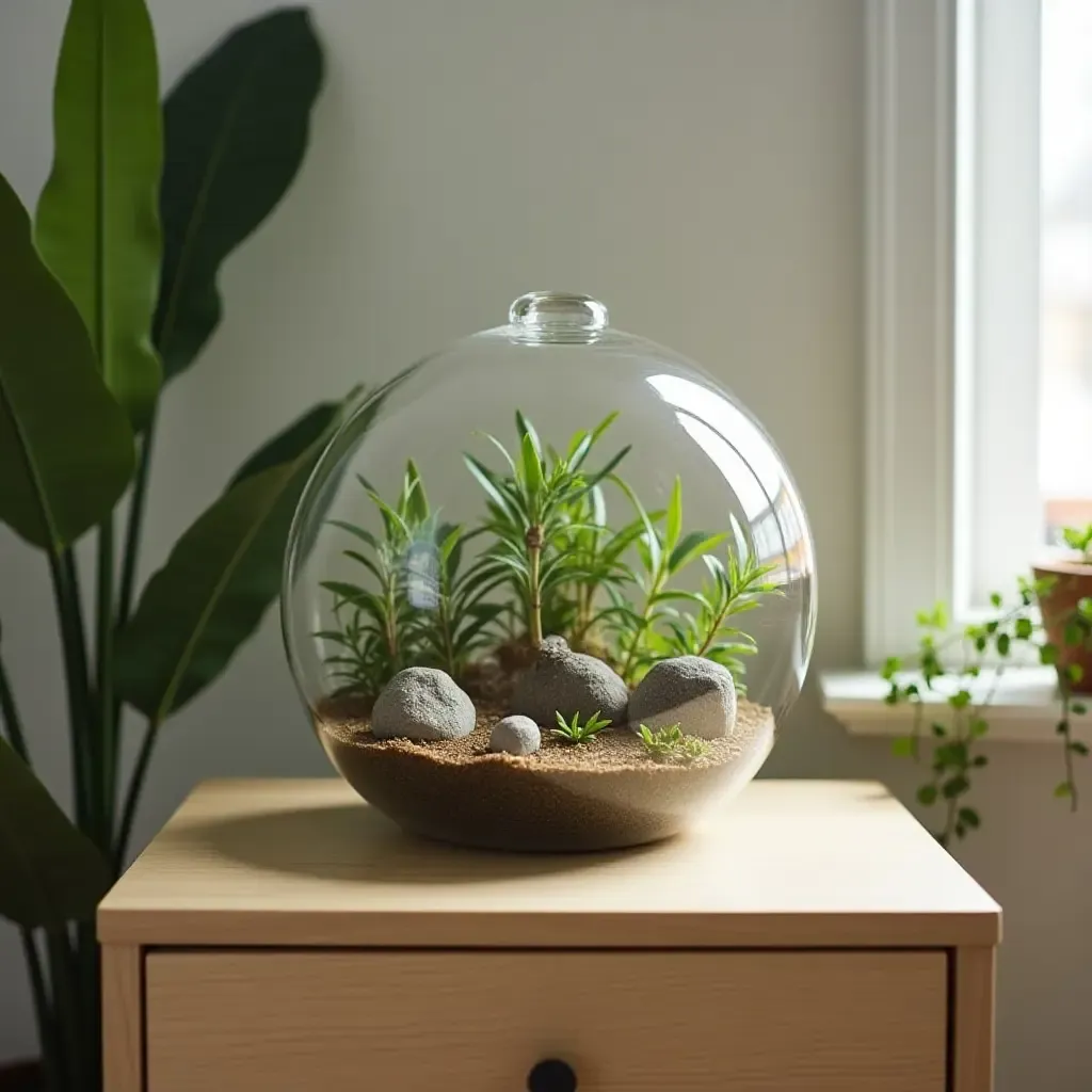 a photo of a playful terrarium on a dresser