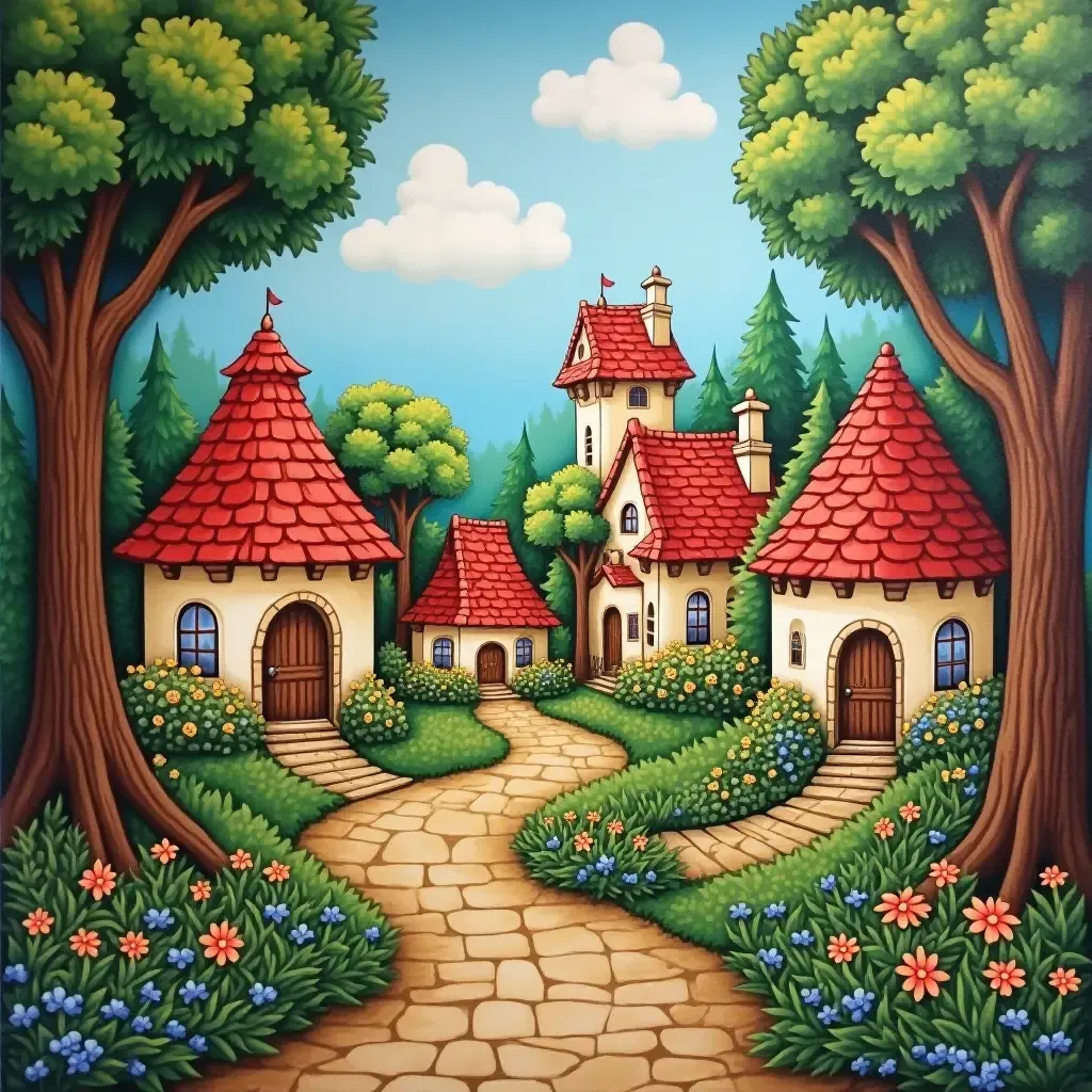 a photo of a charming fairy tale village mural