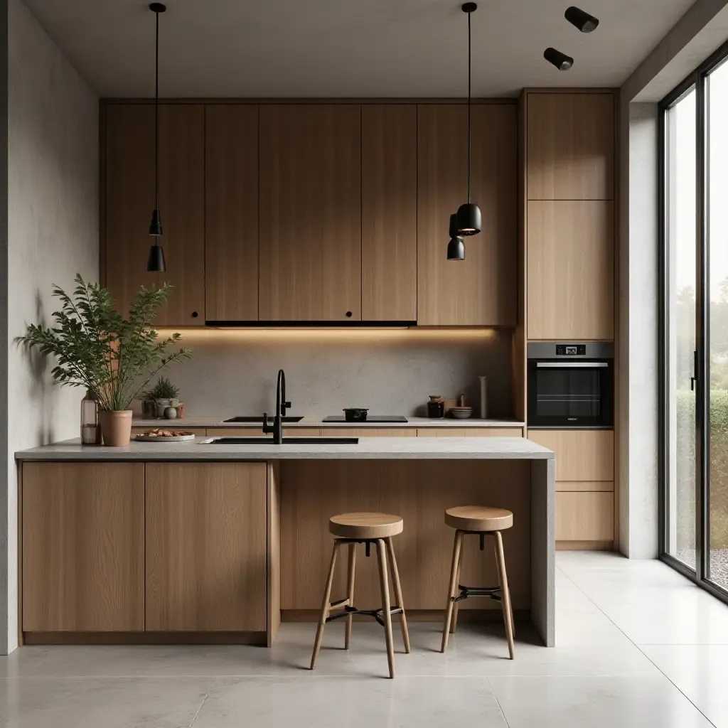 a photo of a trendy kitchen showcasing a mix of matte wood, smooth stone, and shiny metal