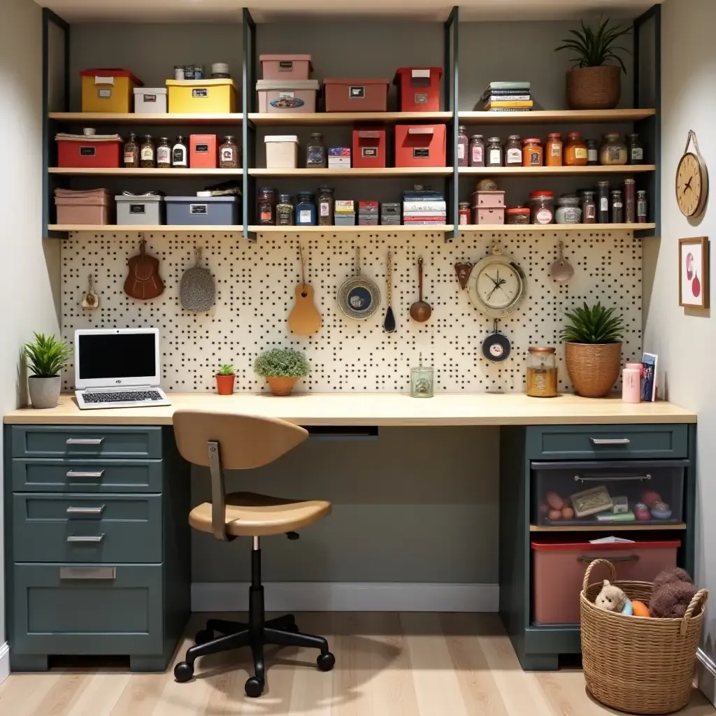 a photo of a craft corner in a basement with colorful storage solutions