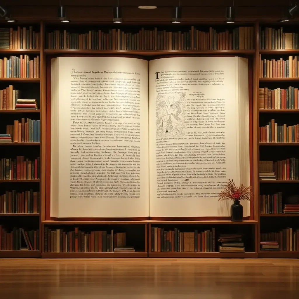 a photo of a library wall displaying oversized book pages