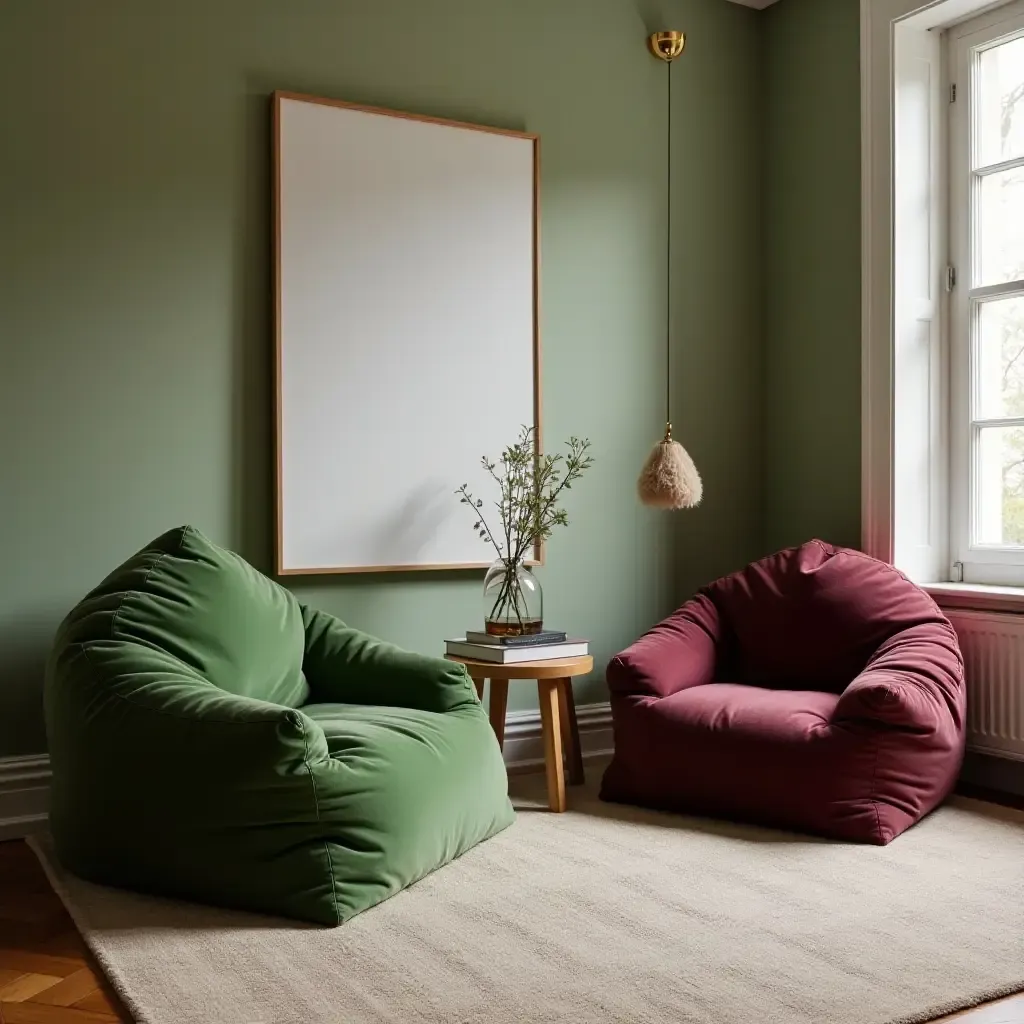 a photo of a playful living room with green and burgundy bean bags