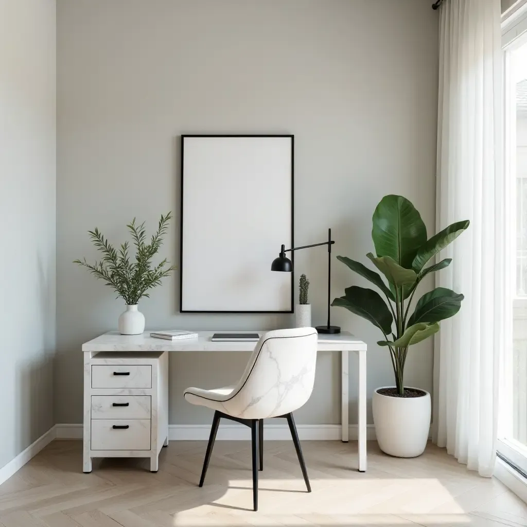 a photo of a chic study area showcasing marble decor and greenery