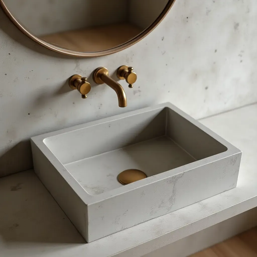 a photo of a concrete sink with brass faucets