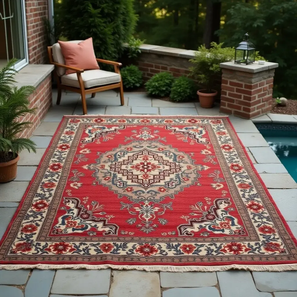 a photo of a vintage Persian rug on a stone deck