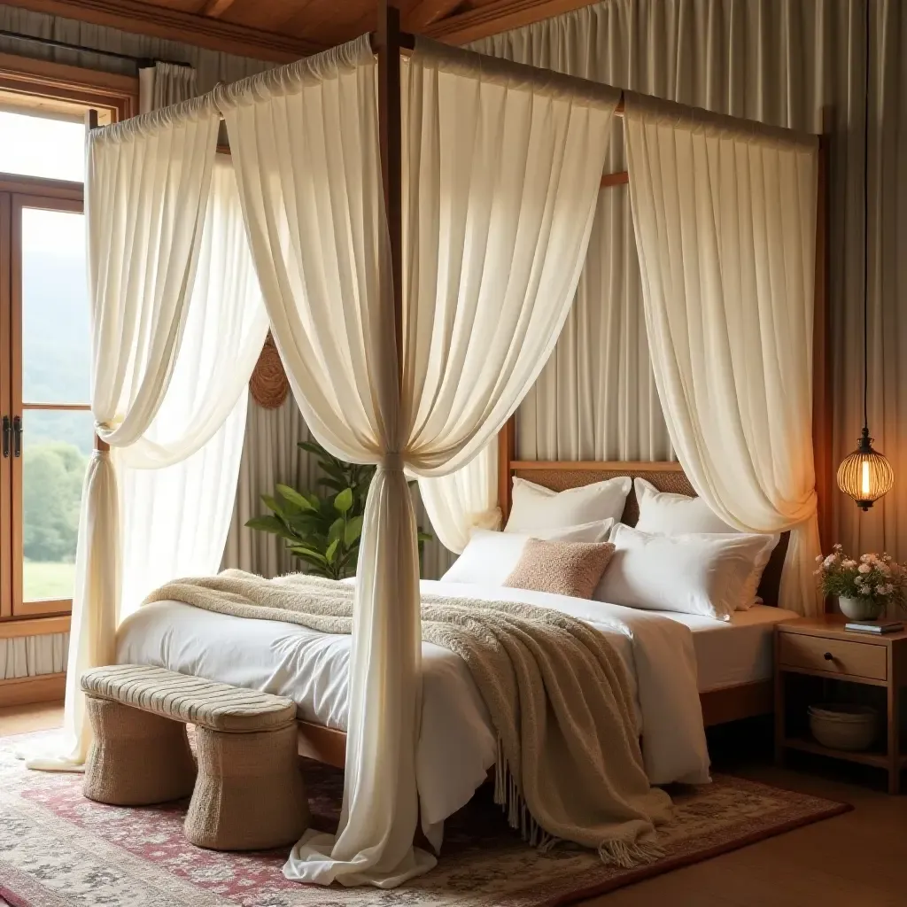 a photo of a bohemian bedroom with a canopy bed draped in sheer fabric