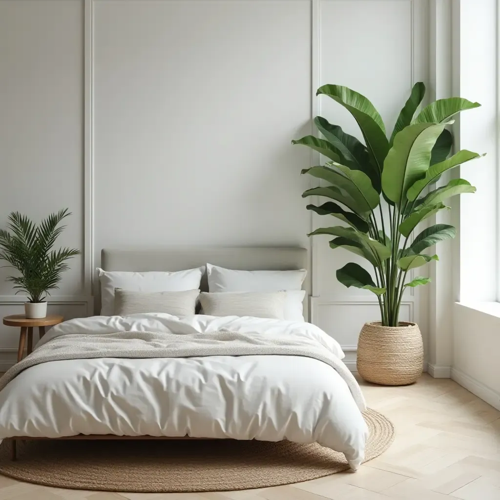 a photo of a bedroom featuring a large leafy floor plant