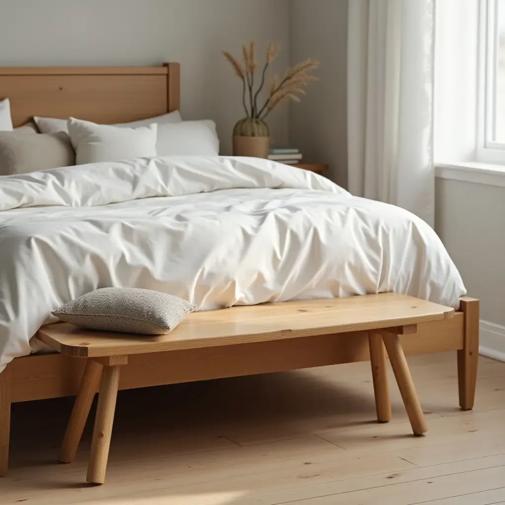 a photo of a wooden bench at the end of a bed