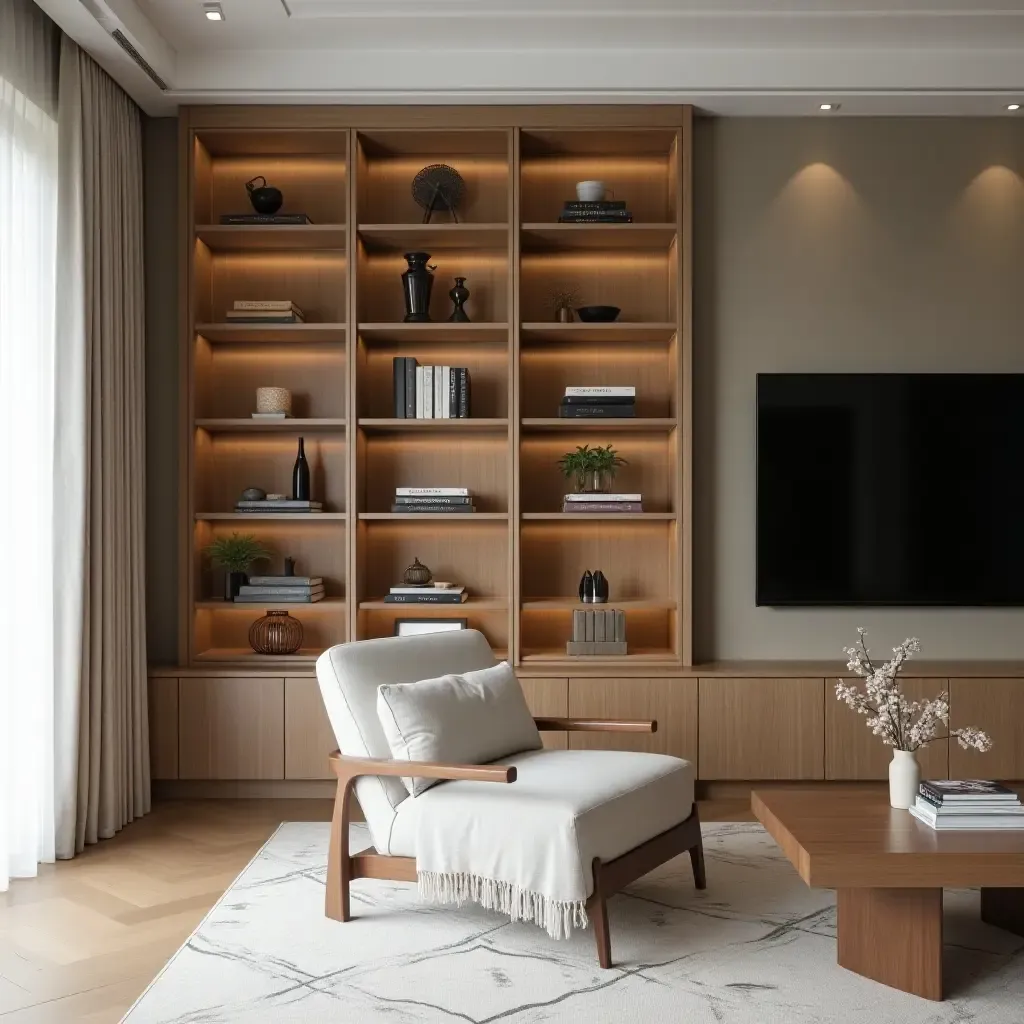 a photo of a built-in bookcase that doubles as a room divider