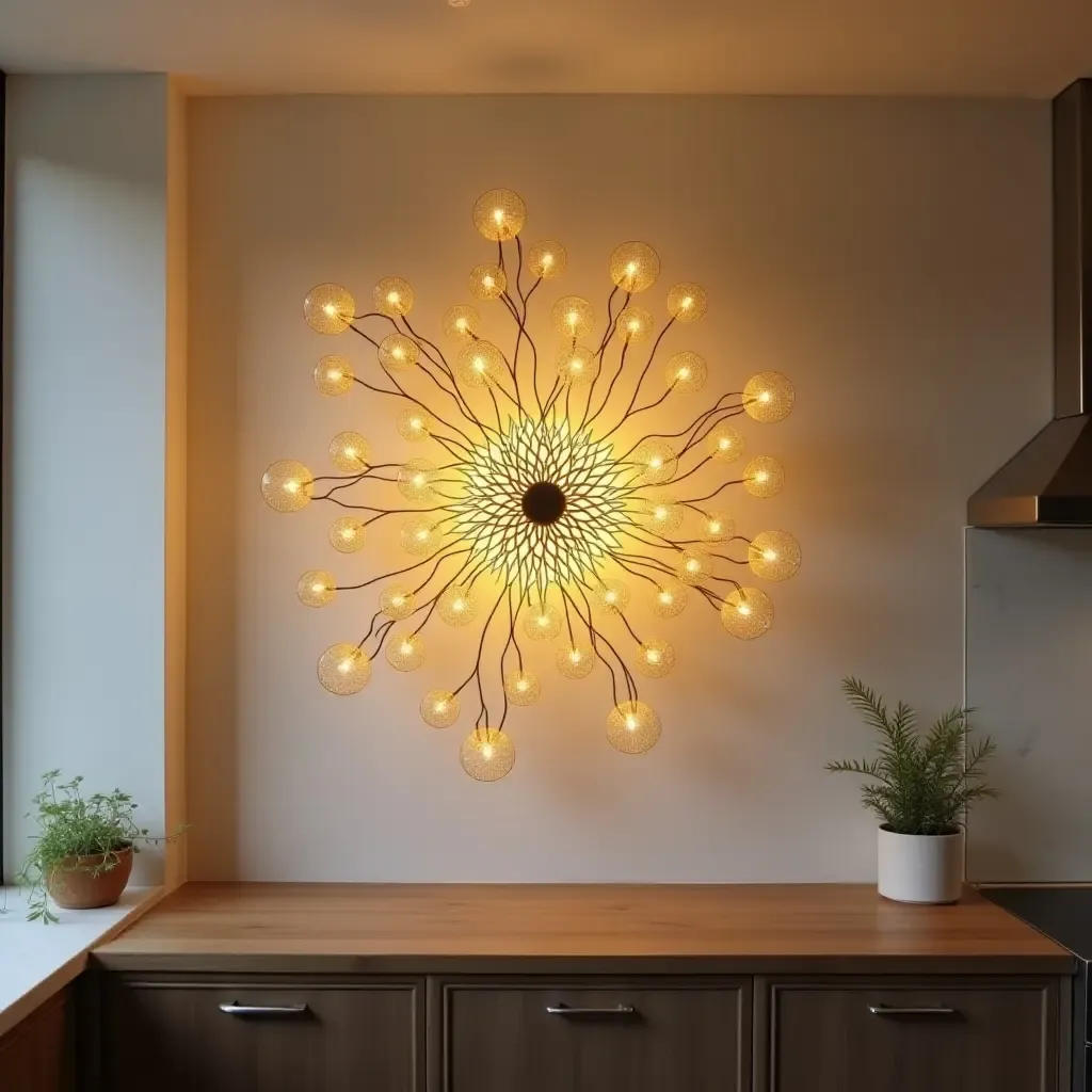 a photo of a unique light fixture as wall art in a kitchen