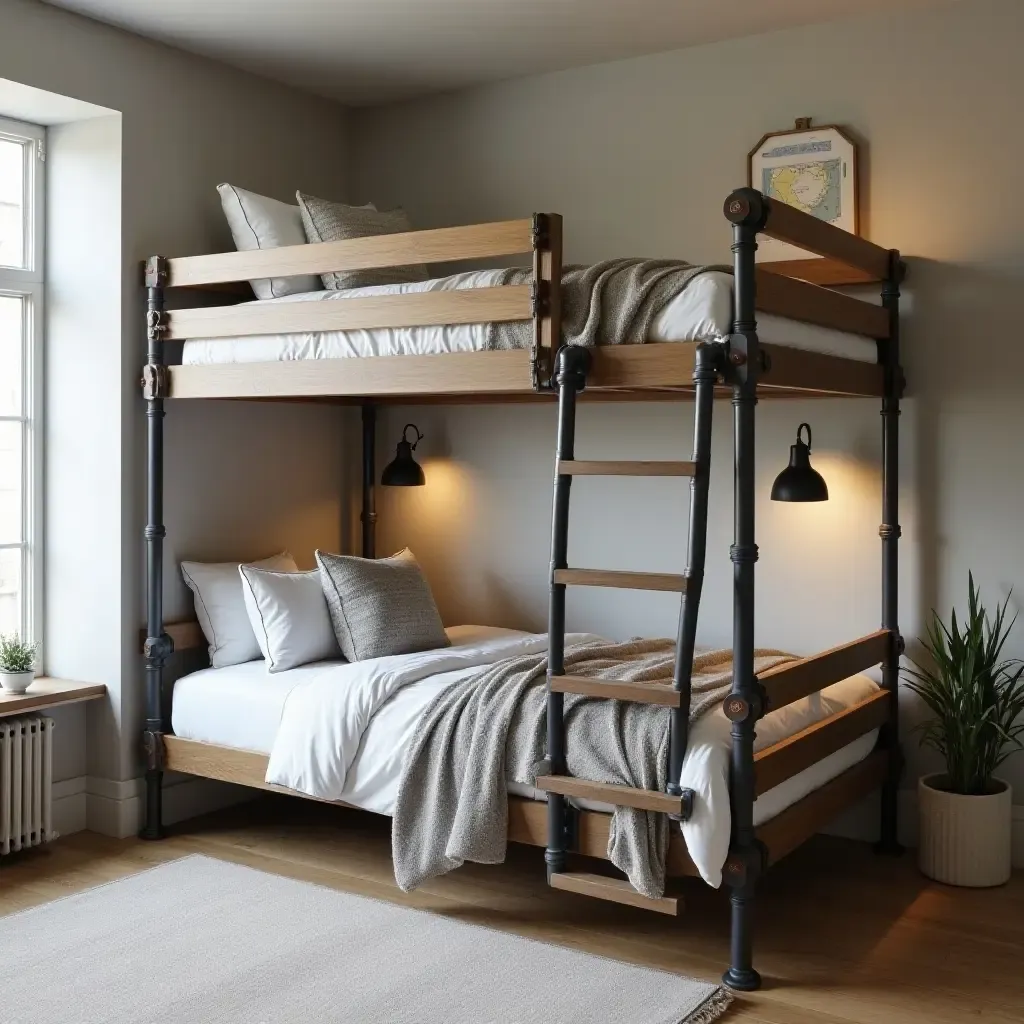 a photo of a chic industrial-style bunk bed with exposed pipes