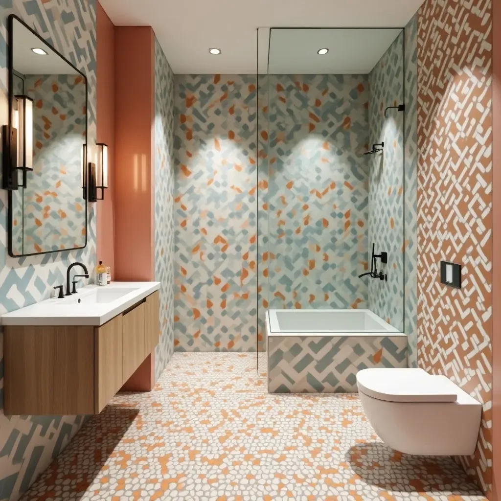 a photo of a unique bathroom with asymmetrical tile designs and bold colors