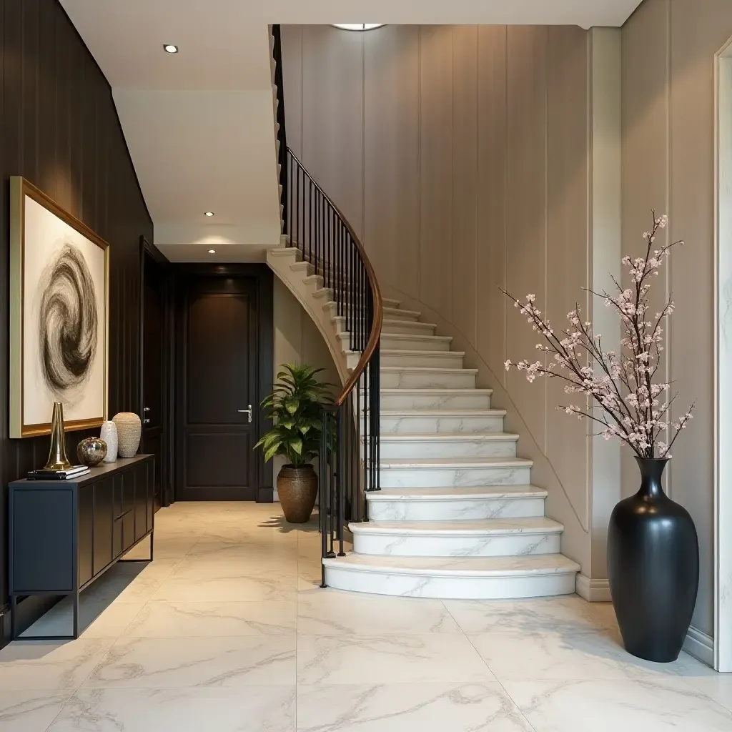 a photo of a luxurious entrance hall with a statement staircase and artwork