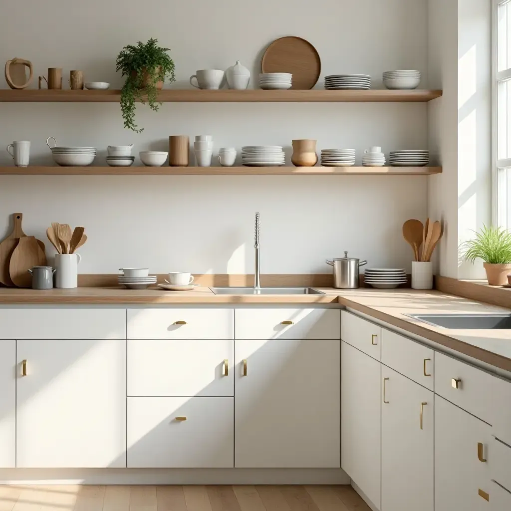 a photo of a light-filled kitchen with ceramic dishware and wooden countertops