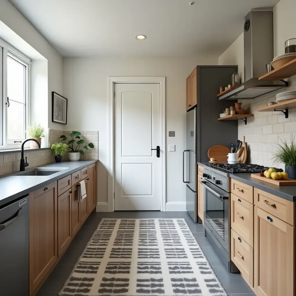 a photo of a kitchen with a checkered rug adding contrast