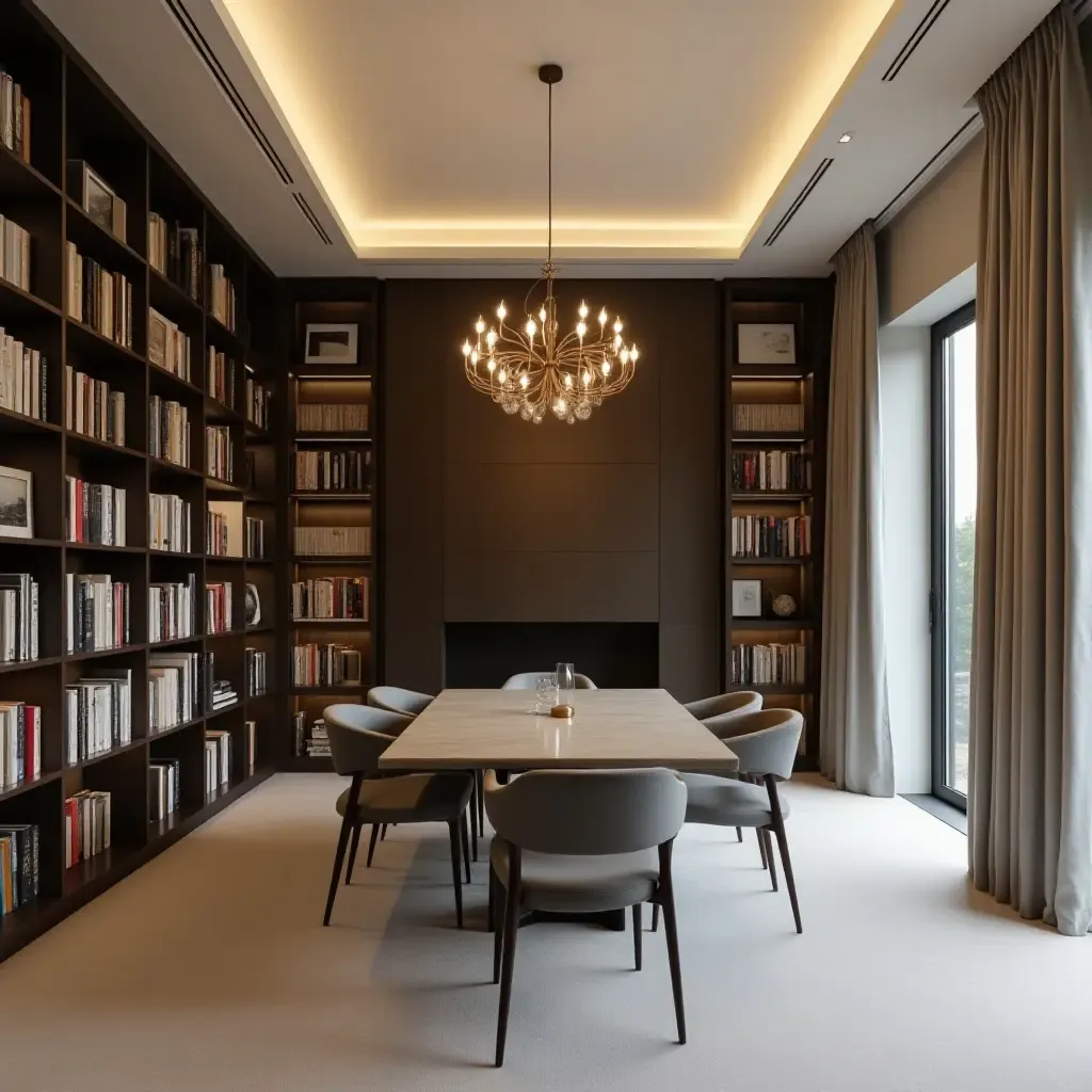 a photo of a minimalist library featuring a simple, elegant chandelier