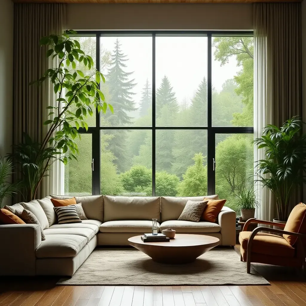 a photo of a living room with a large window and lots of greenery