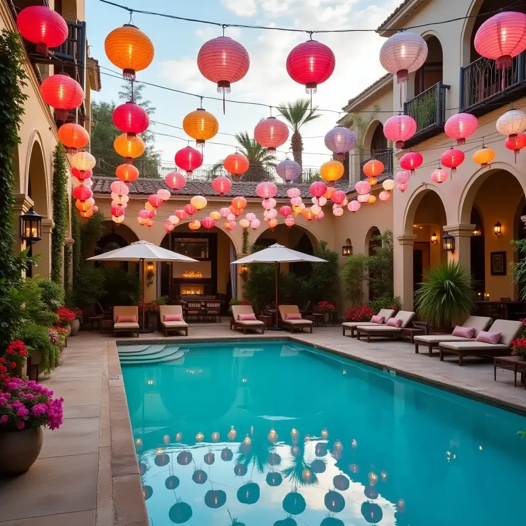 a photo of a pool area decorated with colorful paper lanterns and flowers