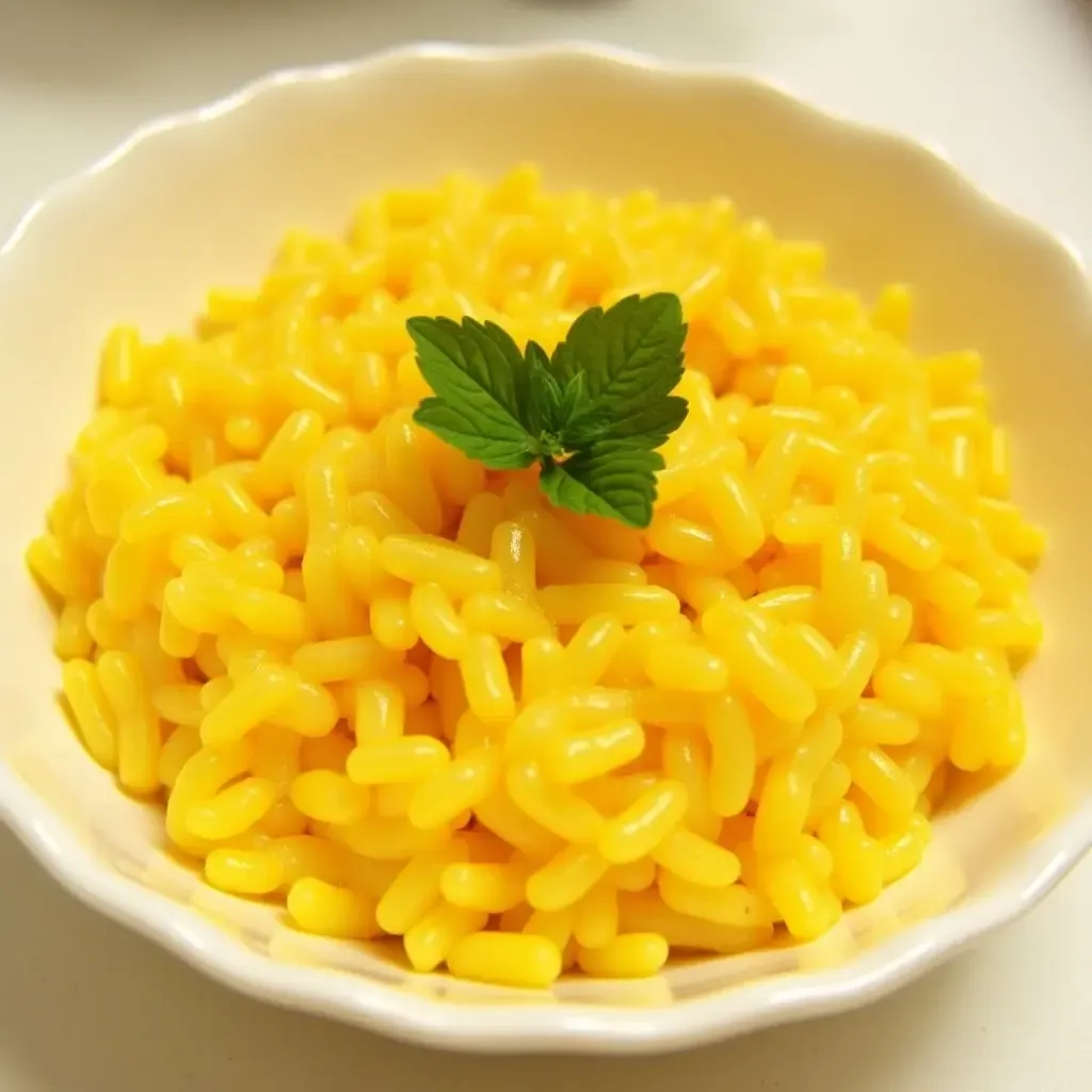 a photo of saffron-infused risotto with golden threads, garnished with fresh herbs.