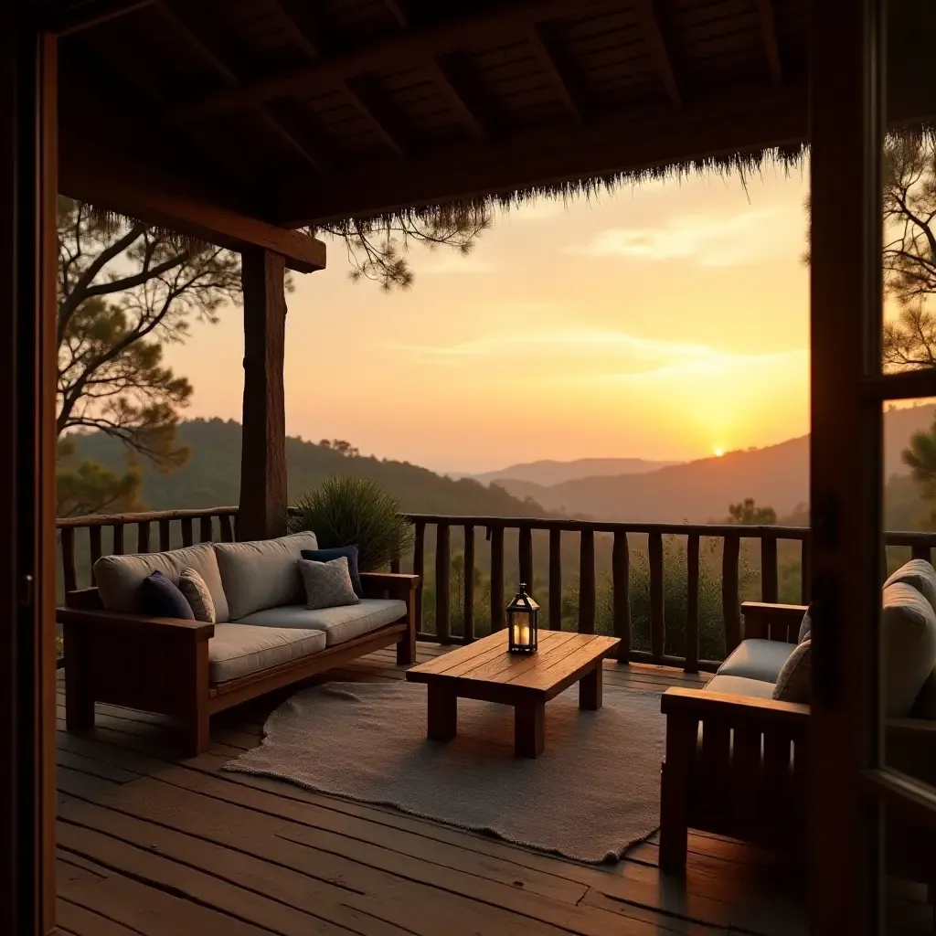 a photo of a rustic balcony with wooden furniture and a view of the sunset