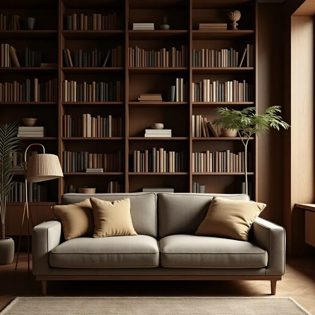 a photo of a library with wooden shelves and a comfortable sofa