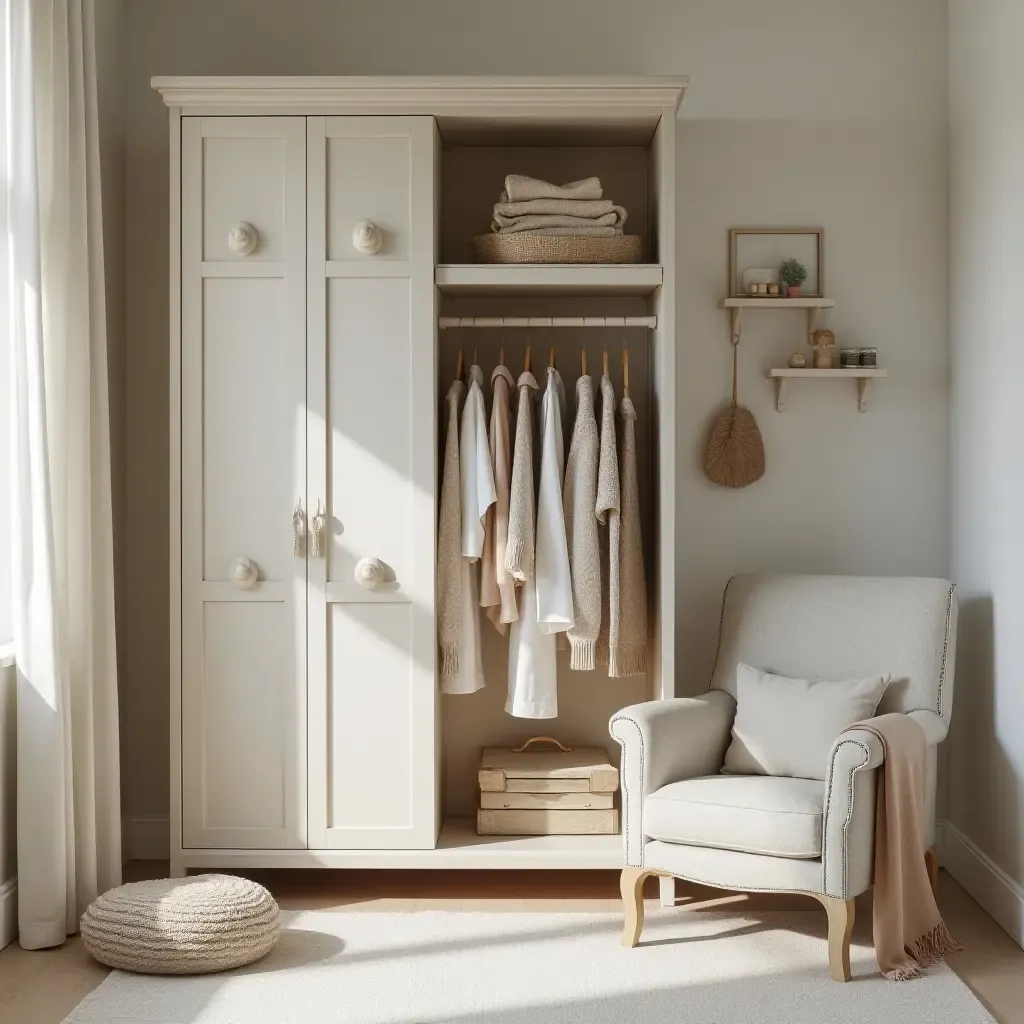 a photo of a nursery with a vintage wardrobe and soft textiles