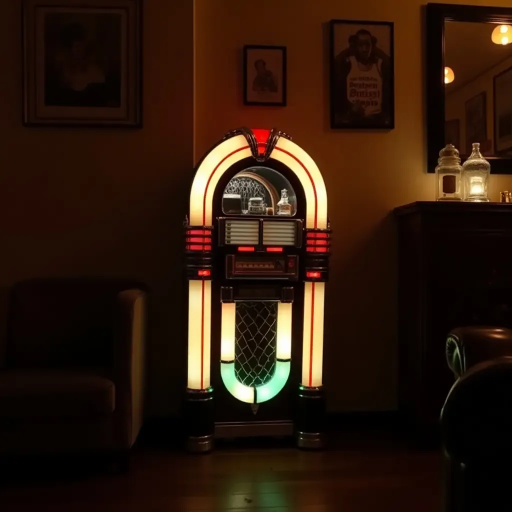 a photo of an old-fashioned jukebox playing music in a cozy basement