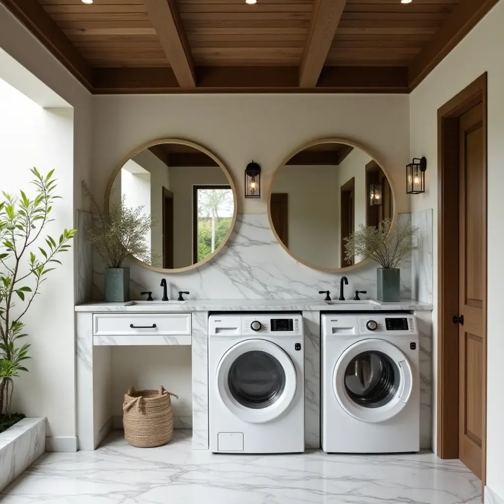 a photo of a luxurious outdoor laundry area with marble countertops and elegant fixtures