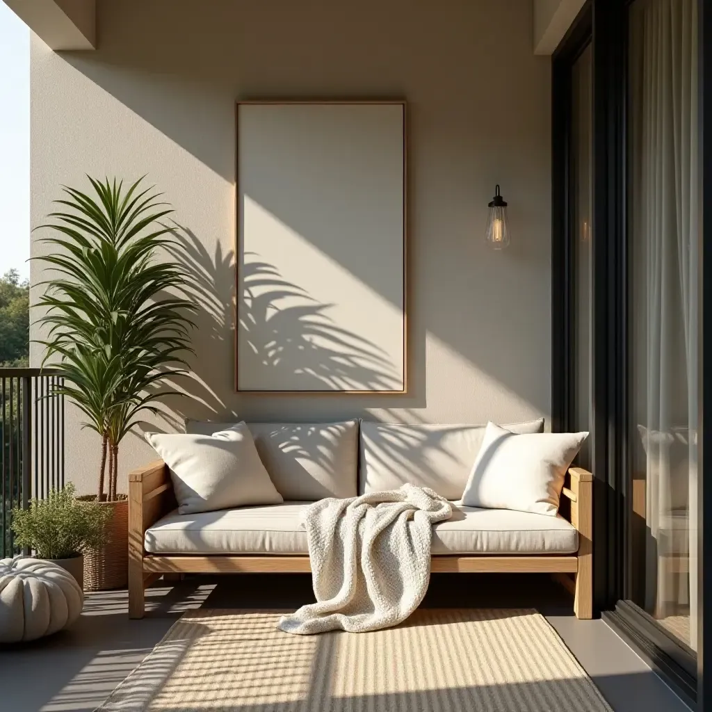 a photo of a cozy balcony nook with cushions and blankets