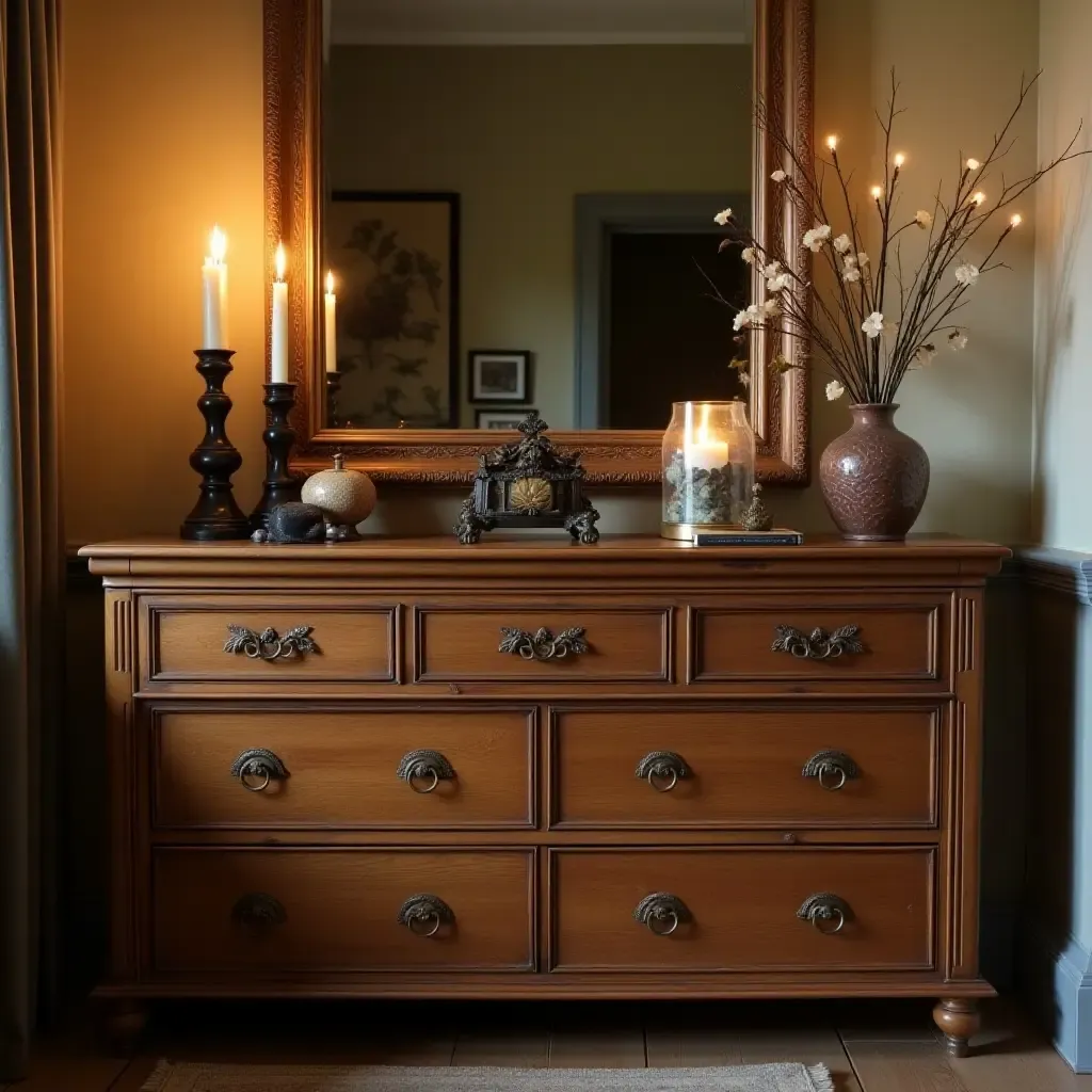 a photo of a wooden dresser decorated with antique trinkets and candles