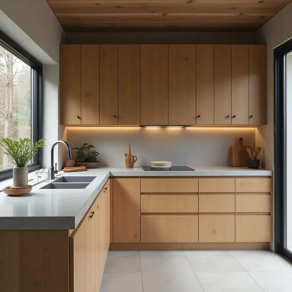 a photo of a kitchen with concrete countertops and wooden cabinets