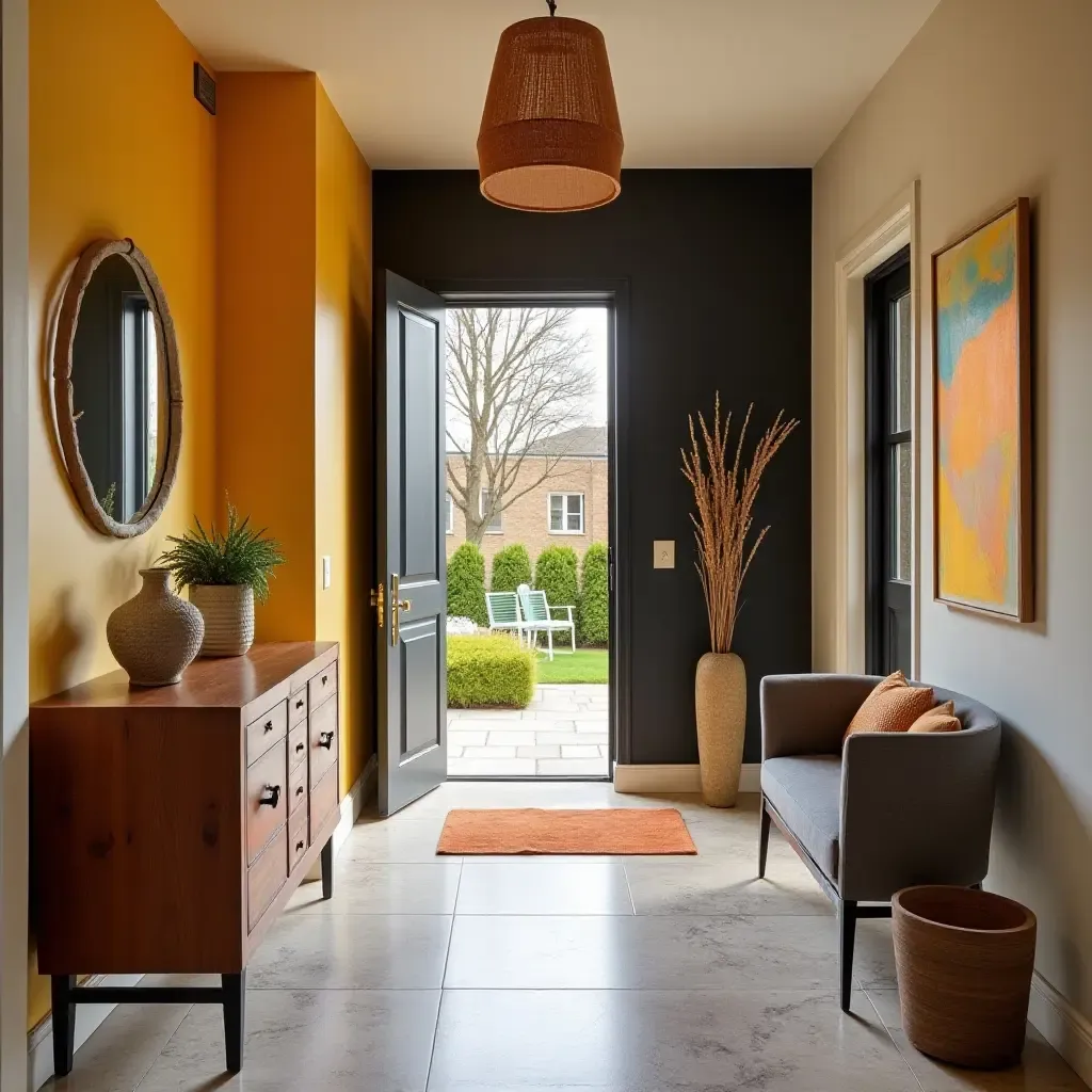 a photo of a colorful entrance hall featuring a bold accent wall and unique decor