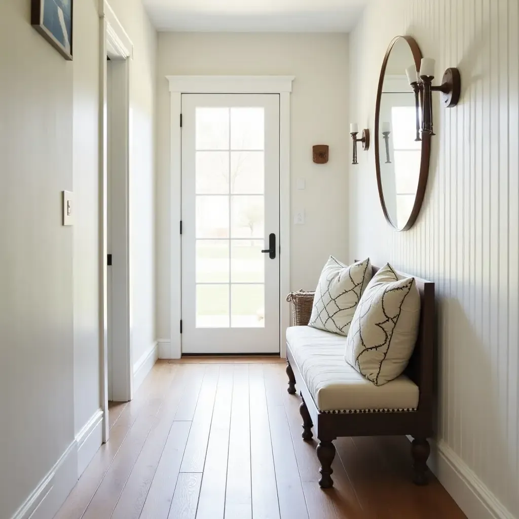 a photo of a farmhouse-inspired hallway with a vintage bench and cushions