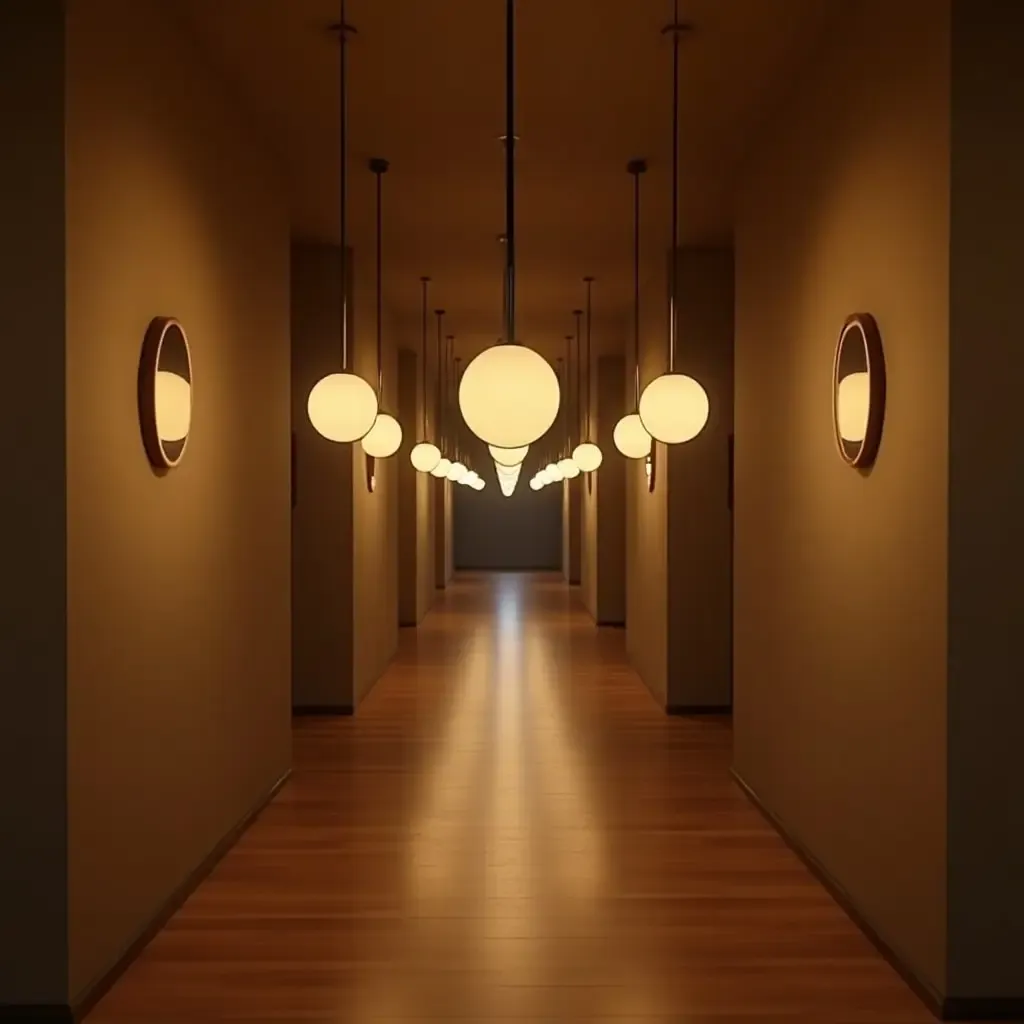 a photo of a corridor with pendant lights that create a warm ambiance