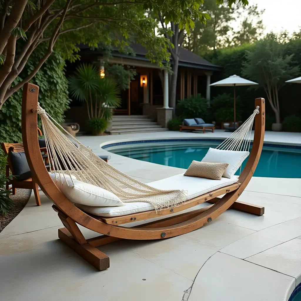 a photo of a poolside hammock made from reclaimed materials