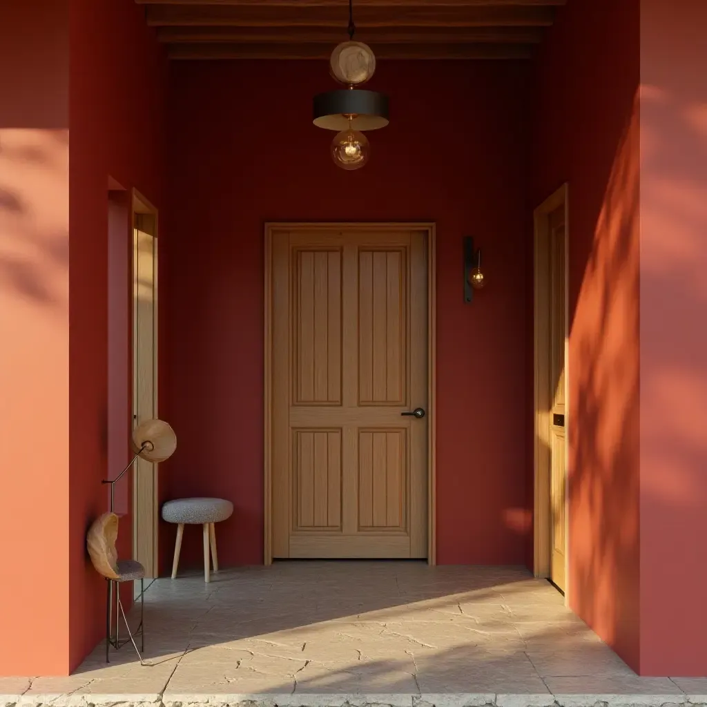 a photo of a rustic red and brown entrance hall with wooden elements