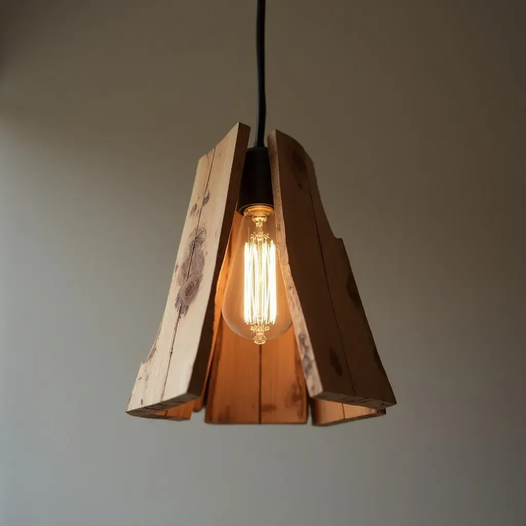 a photo of a rustic pendant light made from reclaimed wood