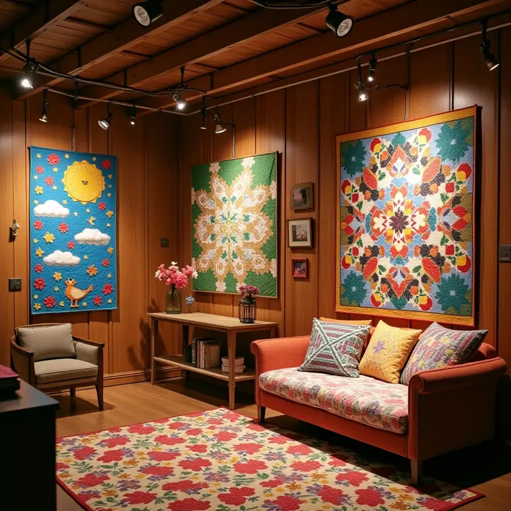 a photo of a whimsical basement featuring a colorful quilt display