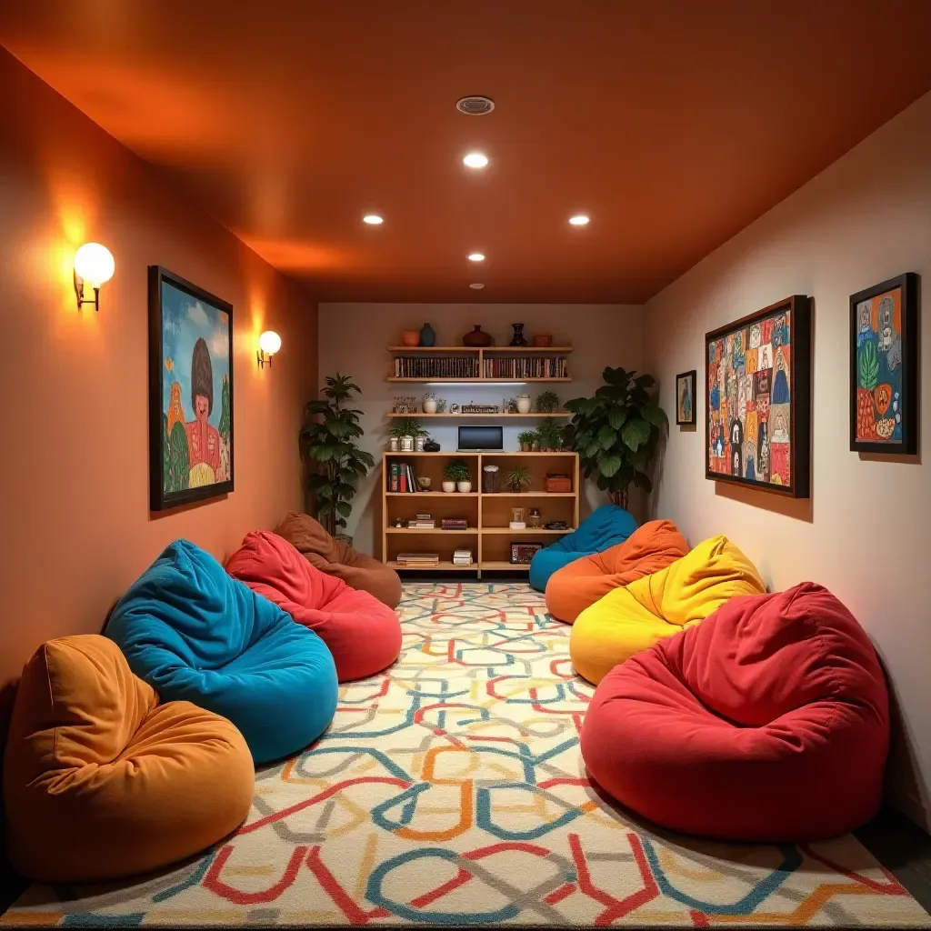 a photo of a basement featuring colorful bean bags and playful decor