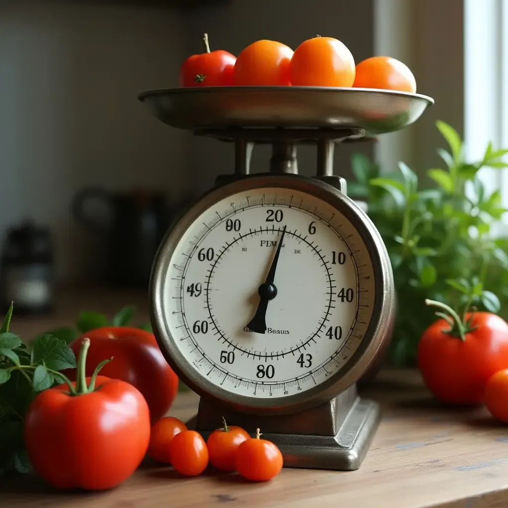 a photo of a kitchen with a vintage scale and fresh produce