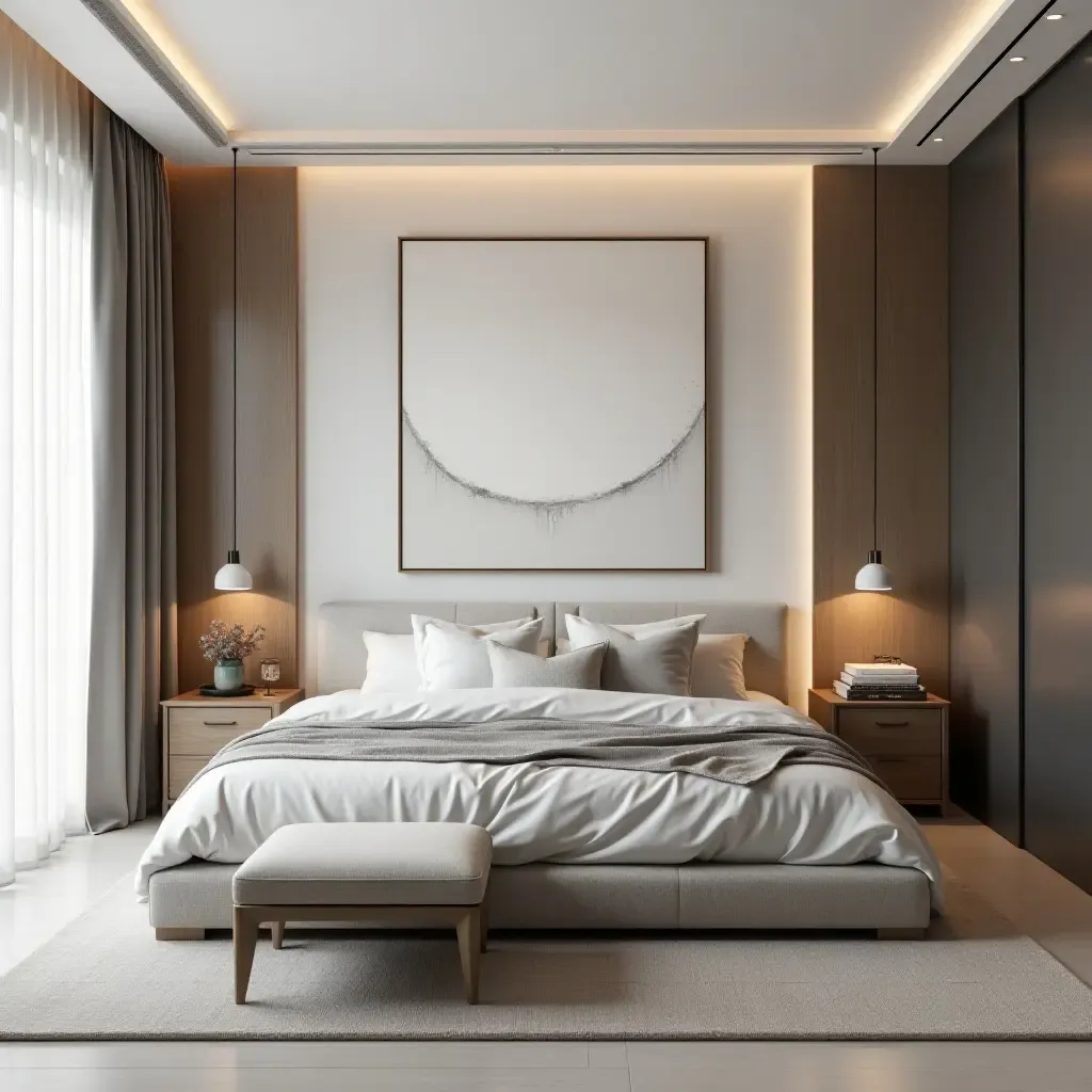 a photo of a modern bedroom with a statement wall and minimalist art