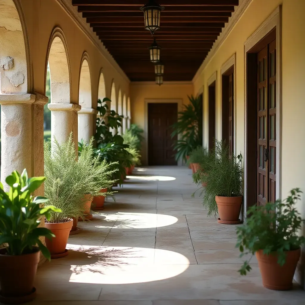 a photo of a corridor with a collection of vintage plant pots