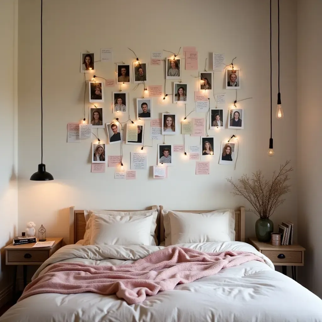 a photo of a bedroom with a wall of love notes and photographs