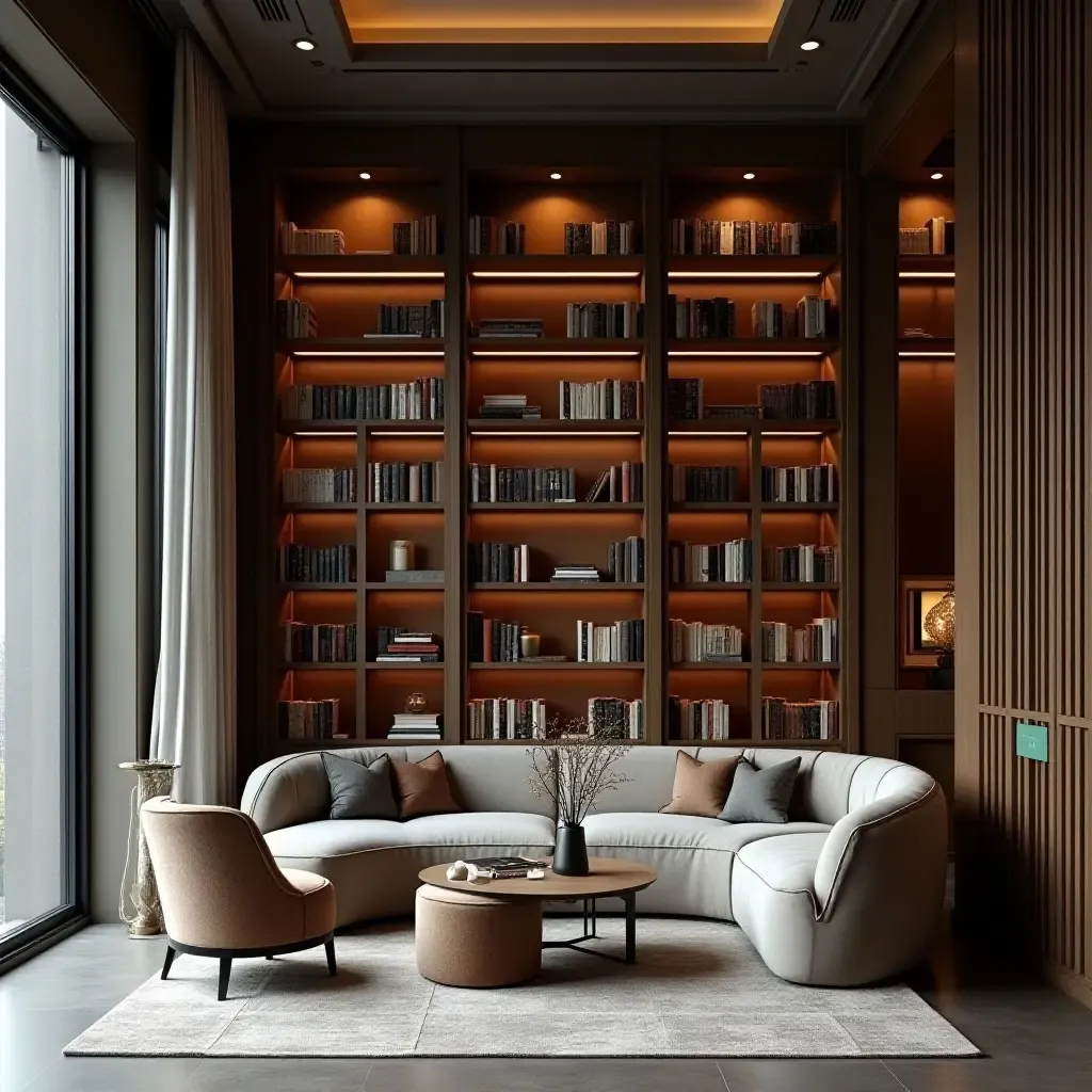 a photo of a sophisticated library with elegant metal decor and fabric elements