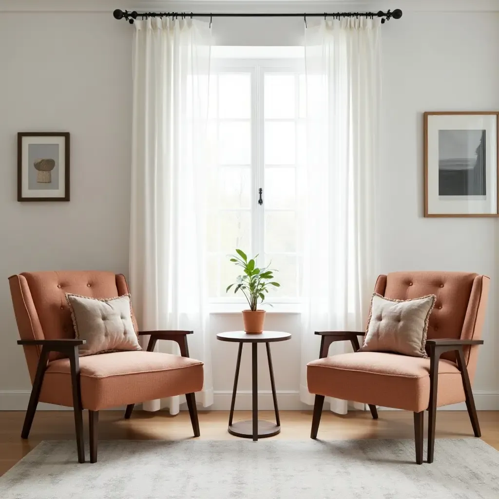 a photo of a bright modern space with vintage accent chairs and contemporary throw pillows