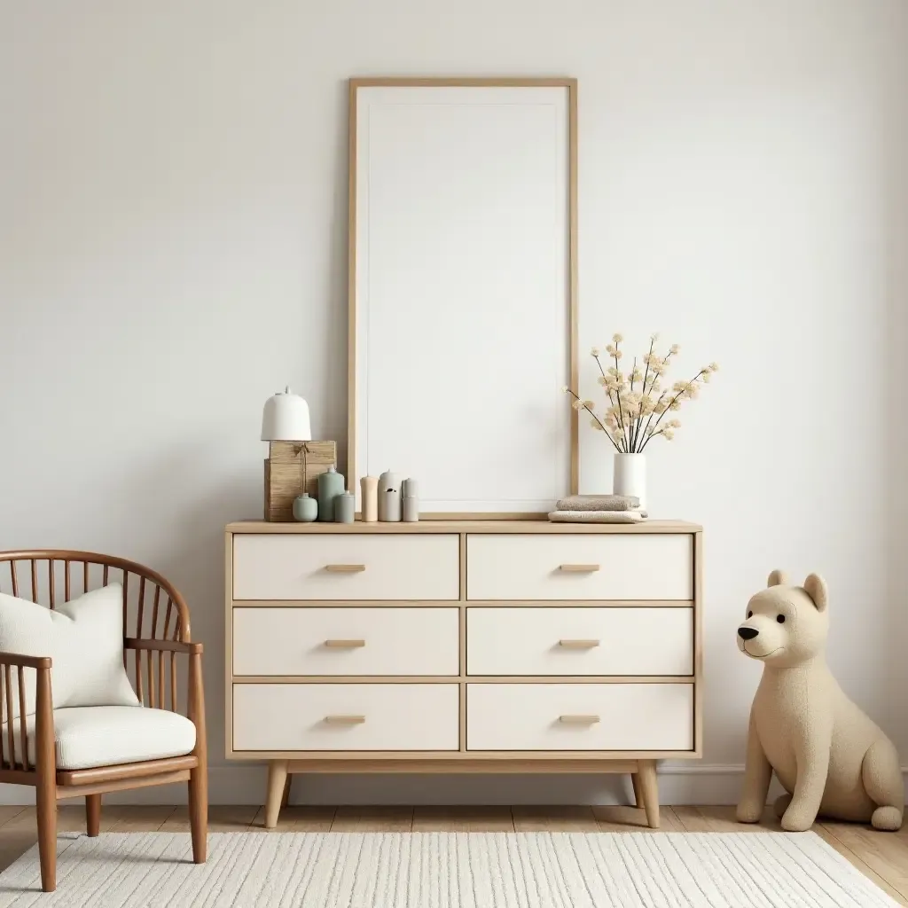 a photo of a charming nursery with a vintage dresser