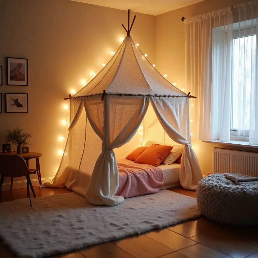 a photo of a cozy DIY blanket fort in a teenager&#x27;s bedroom